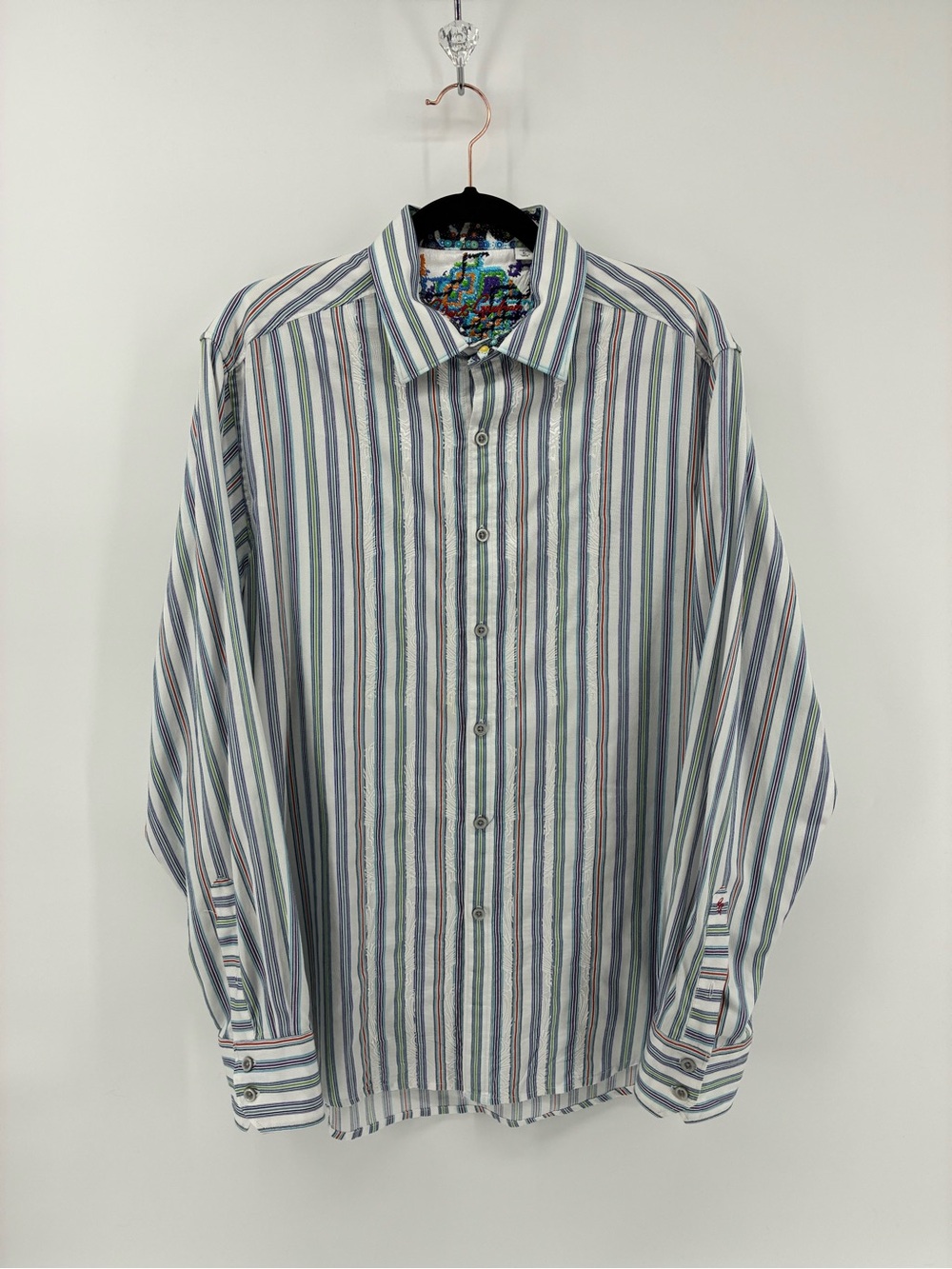 Robert Graham Colourful and White Striped Shirt Embroidery Details